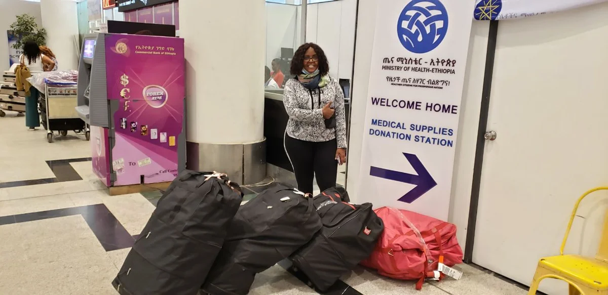 Medicine and medical equipment donations drop off at Bole international airport.